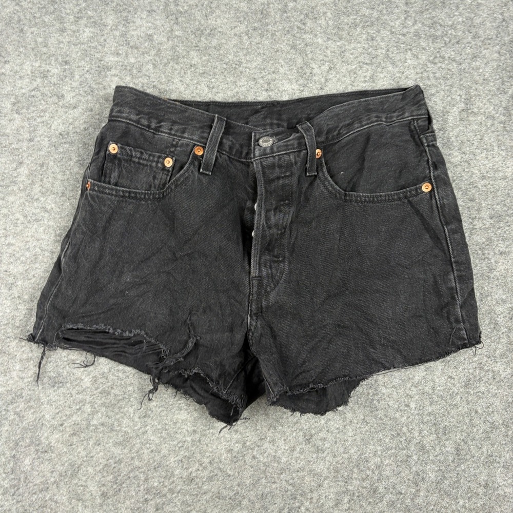 Levis 501 Shorts Womens 26 Black Distressed Cut Off Denim Button Fly